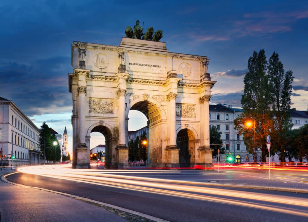 Victory Gate in Munich - Siegestor, Germany at dusk